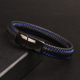 Black Leather Blue wire with Black magnetic lock Leather Bracelet