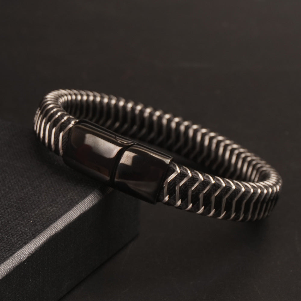 Black Leather silver Wire with Black magnetic lock Leather Bracelet