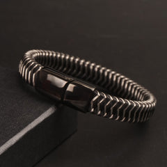 Black Leather silver Wire with Black magnetic lock Leather Bracelet