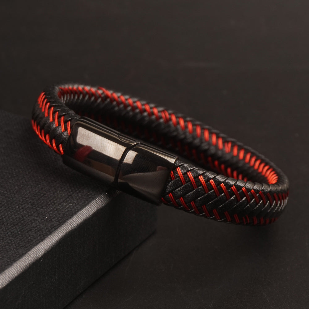 Black Leather Red Wire with Black magnetic lock Leather Bracelet