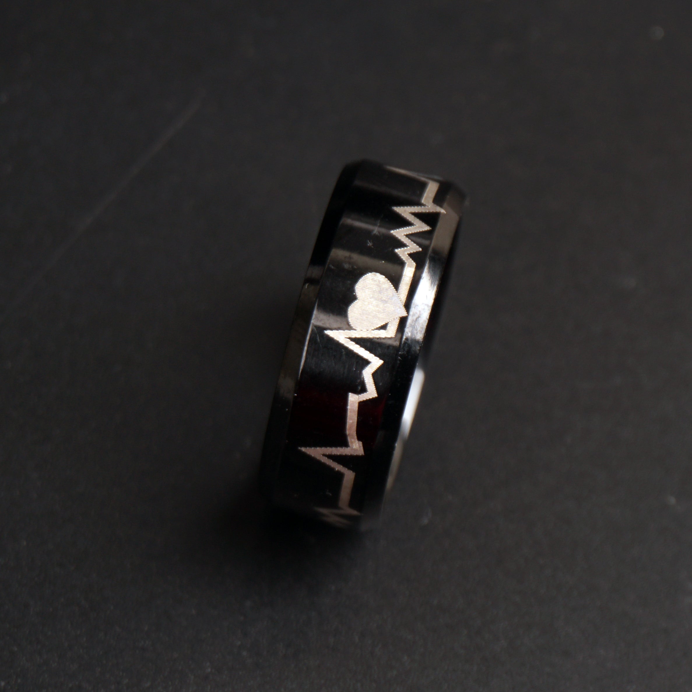 Black Round Titanium Ring Heart Design