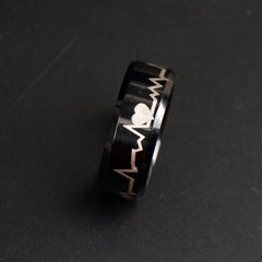 Black Round Titanium Ring Heart Design