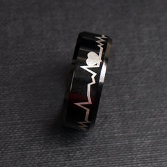 Black Round Titanium Ring Heart Design