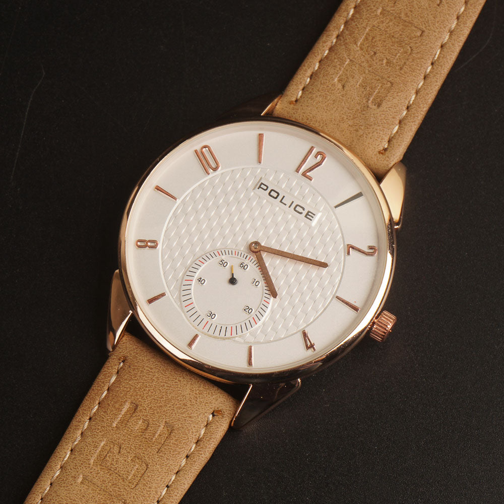 Mens Wrist Watch Brown Strap White Dial