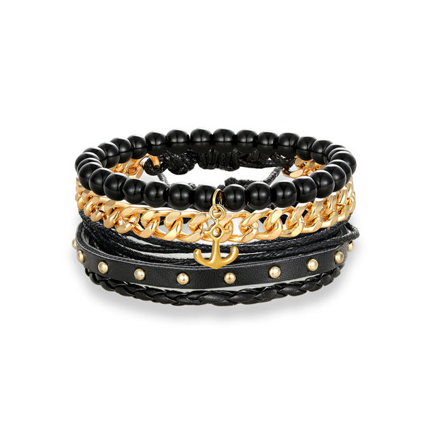 Golden Anchor Beaded Charm 3PCS Multi-layer Chain Bracelet