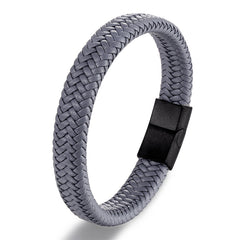 Gray Braided Leather Black Magnetic Lock Fashion Bracelet