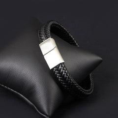 Black Braided Leather Silver Magnetic Lock Fashion Bracelet