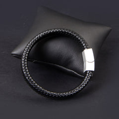 Black Braided Leather Silver Magnetic Lock Fashion Bracelet
