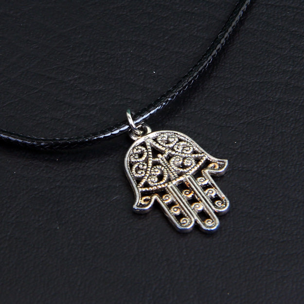 Hand Silver Metal Locket Leather Rope