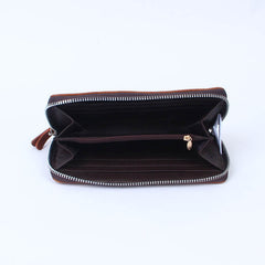 Long Leather Zipper Wallet Brown