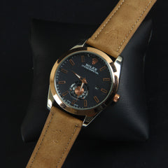Men's Wrist Watch Silver Rosegold Dial with Brown Strap