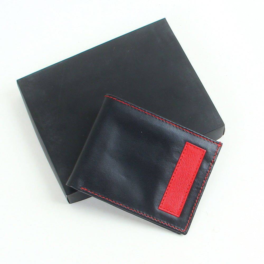 Mens genuine leather bifold slim wallet black with red strip