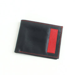 Mens genuine leather bifold slim wallet black with red strip