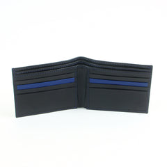 Mens genuine leather bifold slim wallet black with blue strip