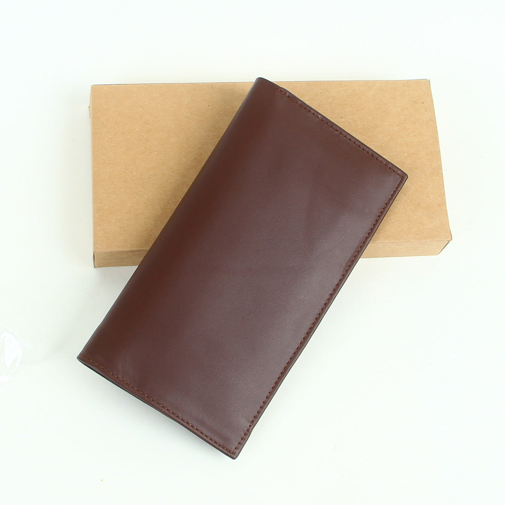 Genuine leather bifold long travel wallet brown