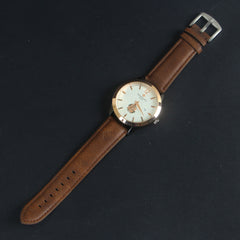 Men's Wrist Watch Brown Leather Strap White Dial