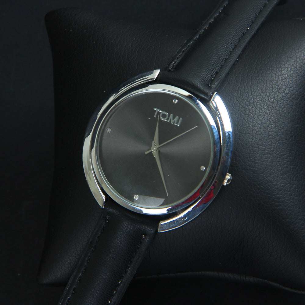 Women Wrist Watch Black Strap Silver Dial