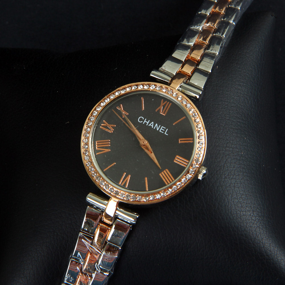Two Tone Women Chain Wrist Watch Black