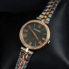 Two Tone Women Chain Wrist Watch Black
