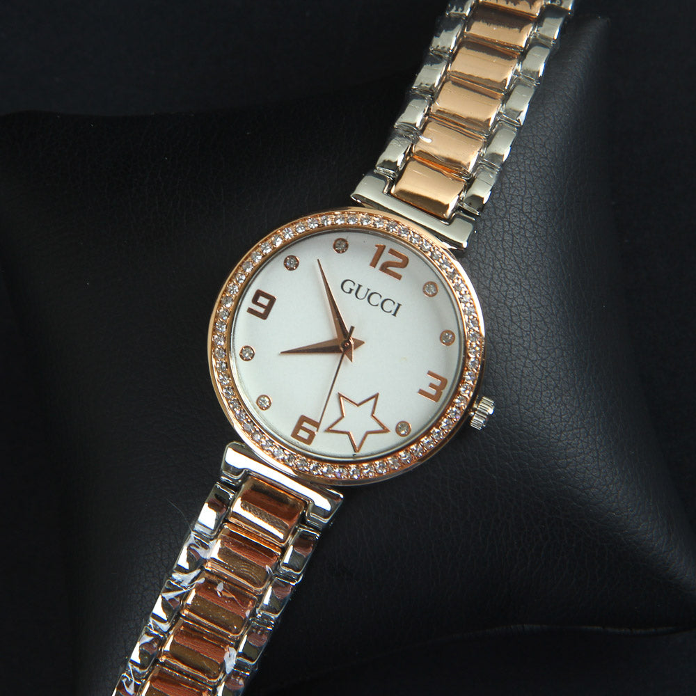 Two Tone Women Chain Wrist Watch Rosegold White G