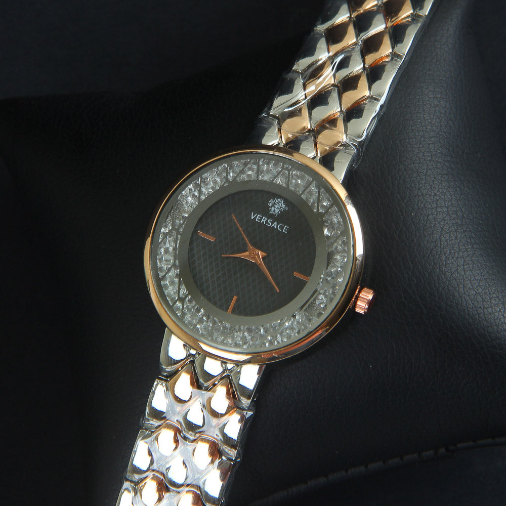 Two Tone Women Chain Wrist Watch Rosegold Black V