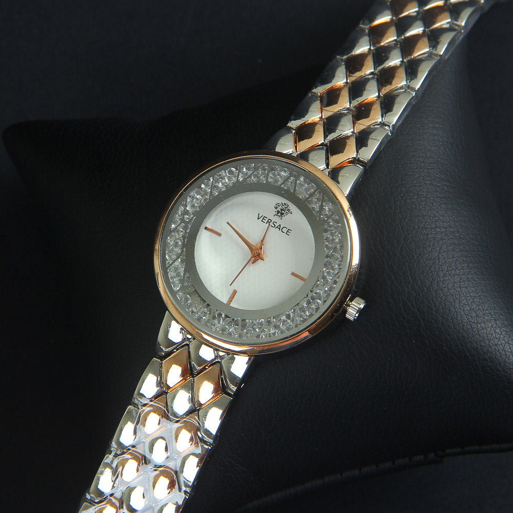 Two Tone Women Chain Wrist Watch Rosegold White V