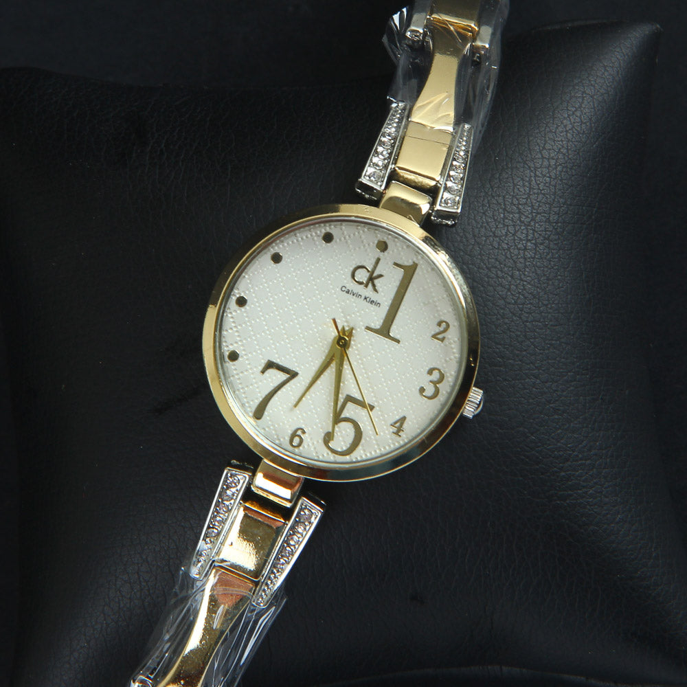 Two Tone Women Chain Wrist Watch Golden White CK
