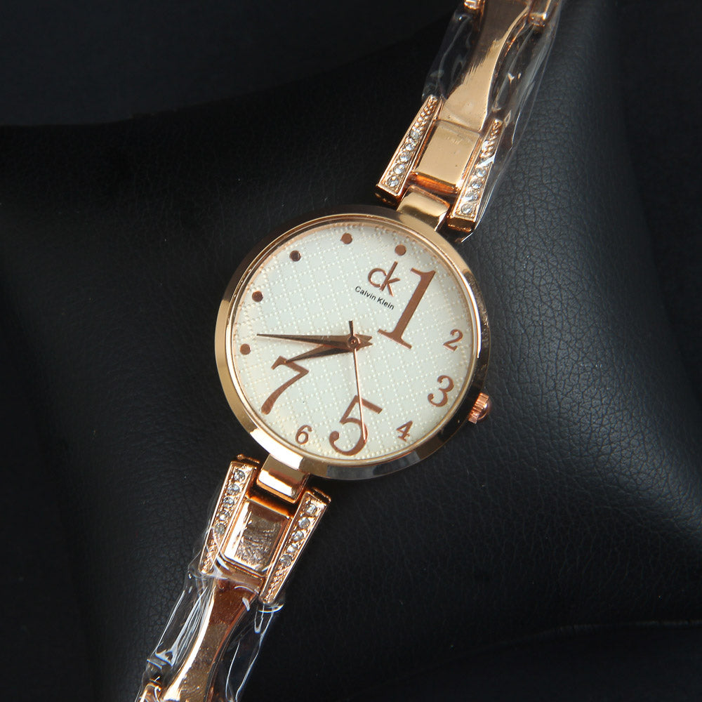 Women Chain Wrist Watch Rosegold White CK