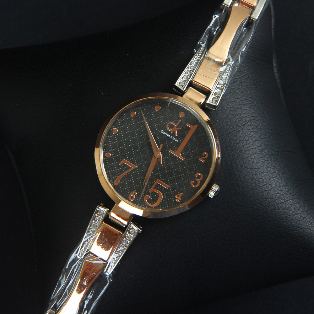 Two Tone Women Chain Wrist Watch Rosegold Black CK