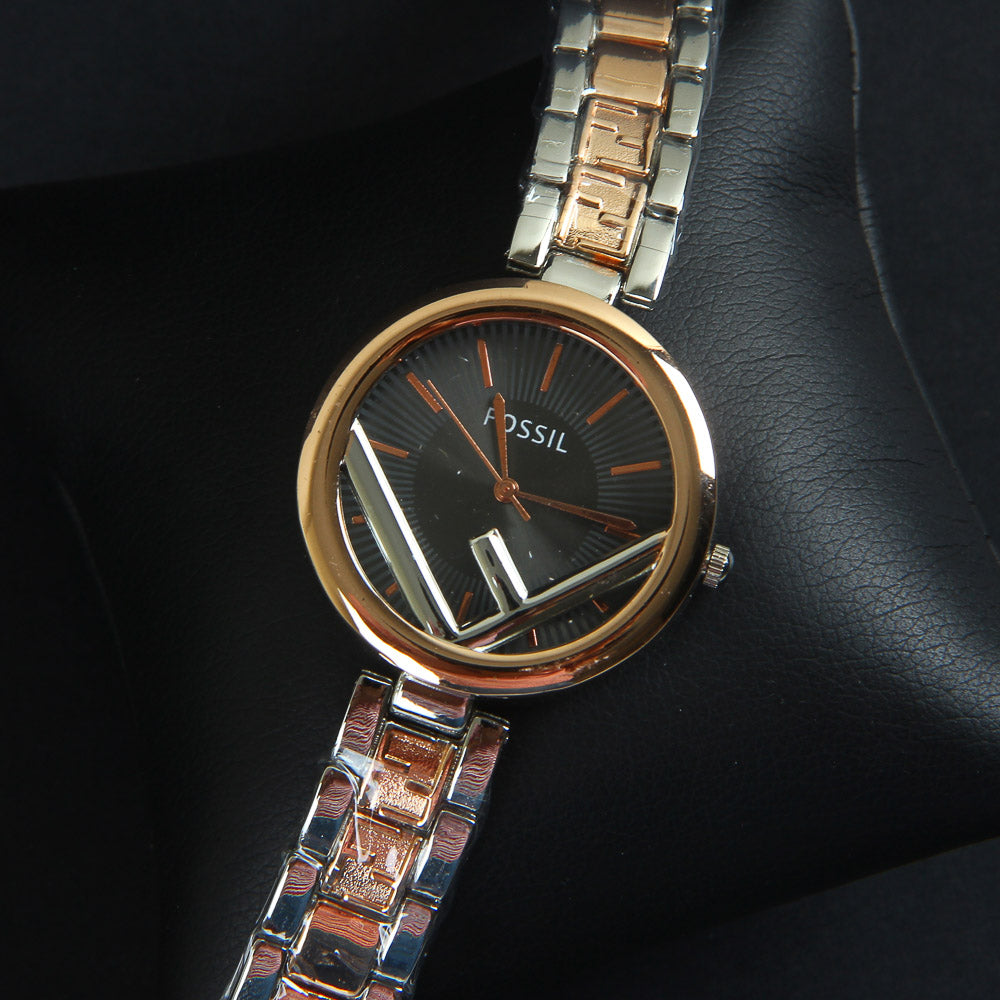 Two Tone Women Chain Wrist Watch Roasegold Black F