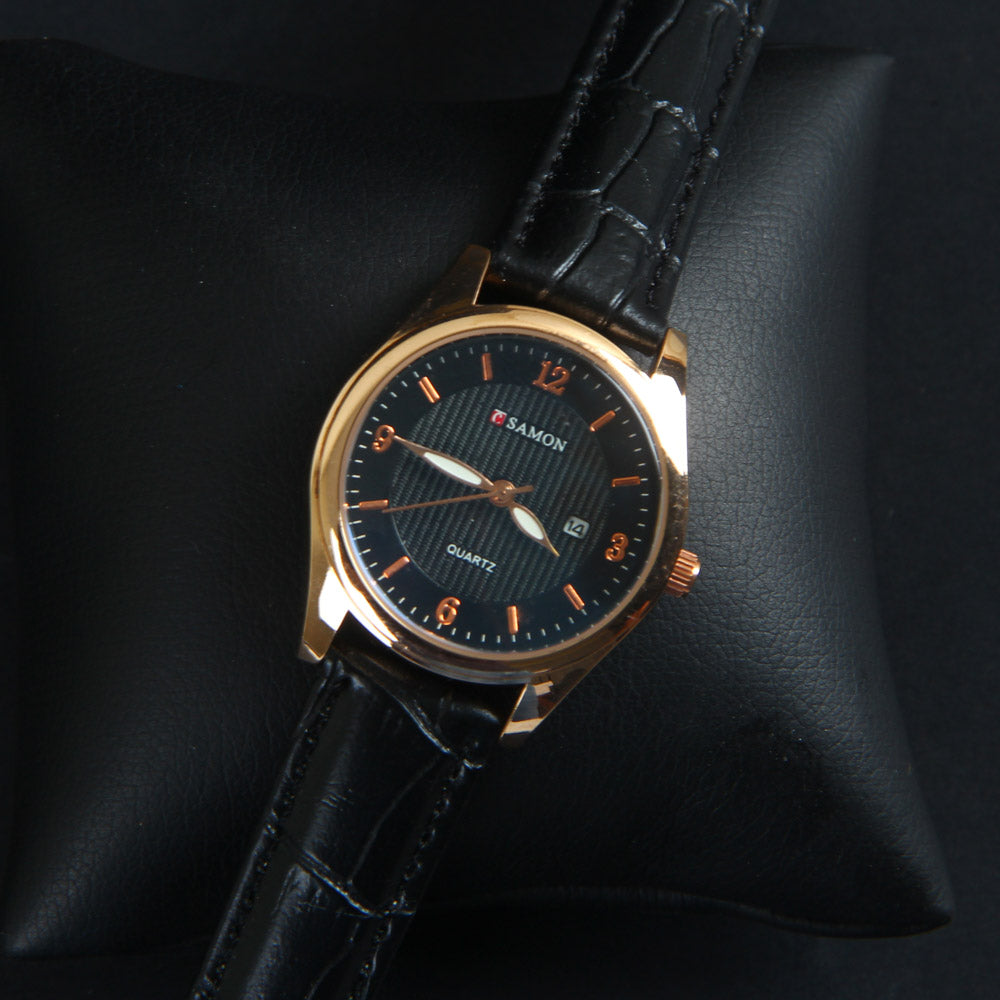 Black Leather Strap Rosegold Dial Women Wrist Watch
