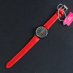 Red Leather Strap Black Dial Women Wrist Watch