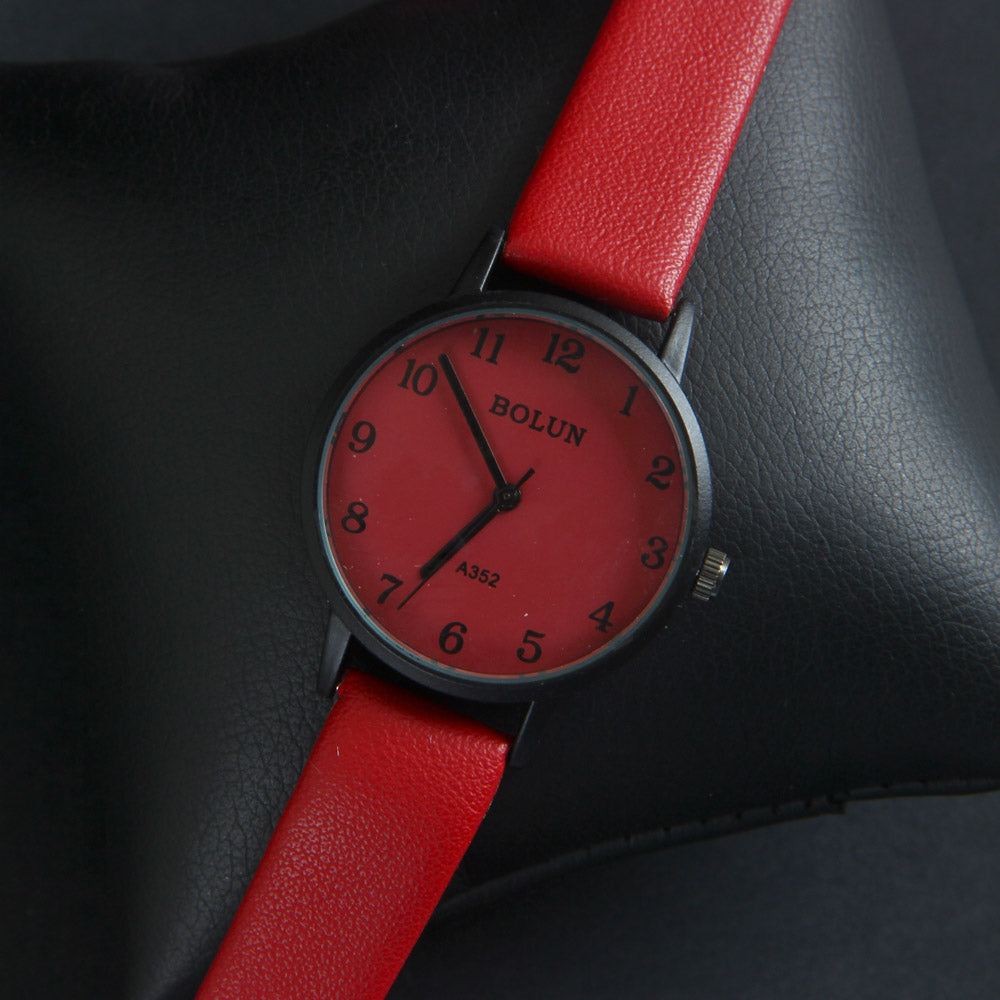 Red Leather Strap Black Dial Women Wrist Watch