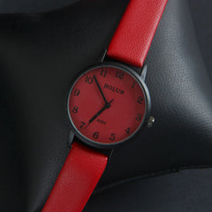Red Leather Strap Black Dial Women Wrist Watch