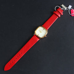 Red Leather Strap Rosegold Dial Women Wrist Watch