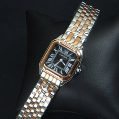Two Tone Women Chain Wrist Watch Square Shape Rosegold Black