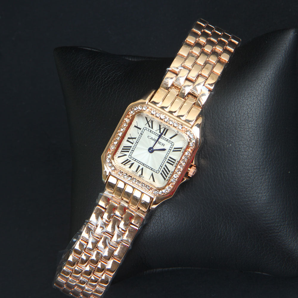 Women Chain Wrist Watch Square Shape Rosegold White