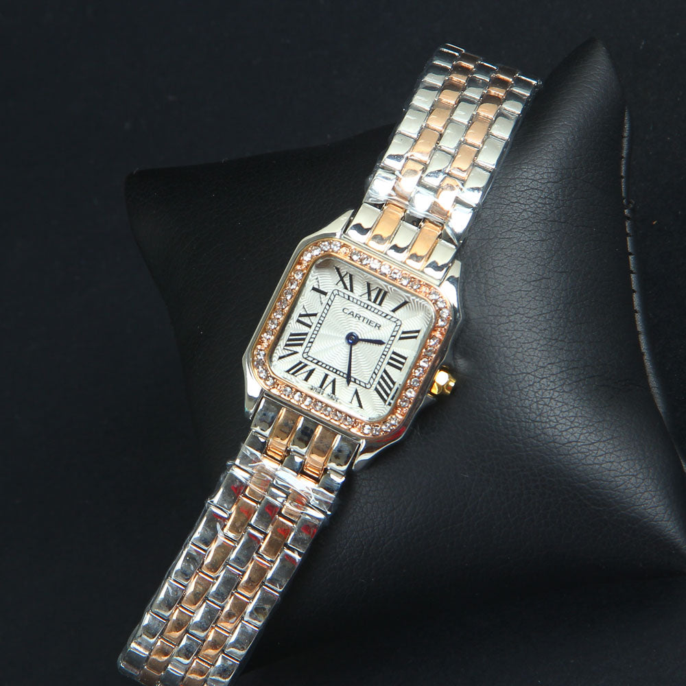 Two Tone Women Chain Wrist Watch Square Shape Rosegold White