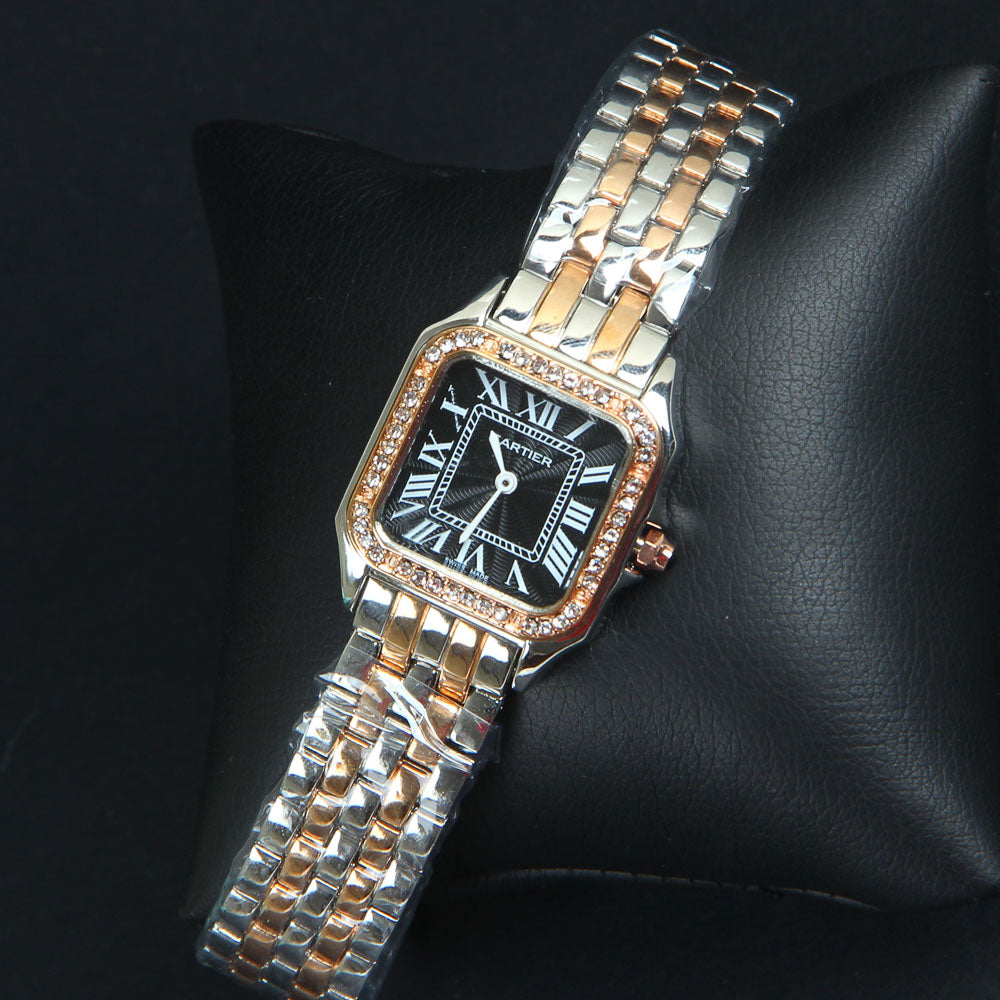 Two Tone Women Chain Wrist Watch Square Shape Black