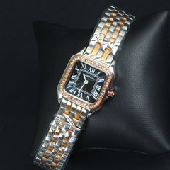 Two Tone Women Chain Wrist Watch Square Shape Black