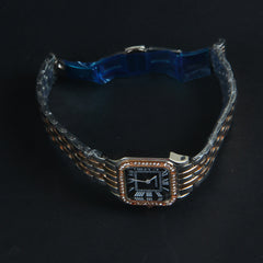 Two Tone Women Chain Wrist Watch Square Shape Black