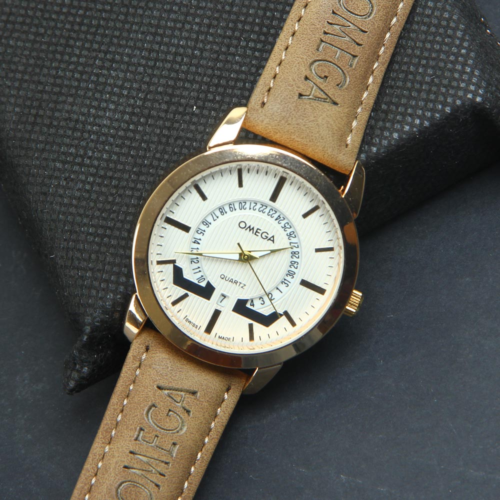 Golden Dial Mens Wrist Watch Brown Strap