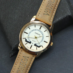 Golden Dial Mens Wrist Watch Brown Strap