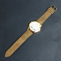 Golden Dial Mens Wrist Watch Brown Strap