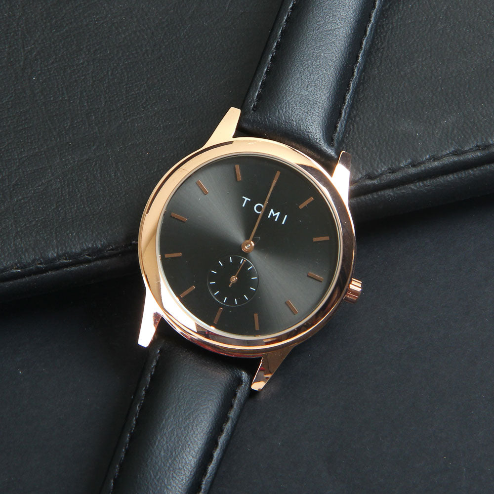 Mens Wrist Watch Rosegold Dial Black Straps TMI