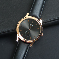 Mens Wrist Watch Rosegold Dial Black Straps TMI