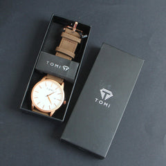 Mens Wrist Watch Rosegold Dial Brown Straps TMI
