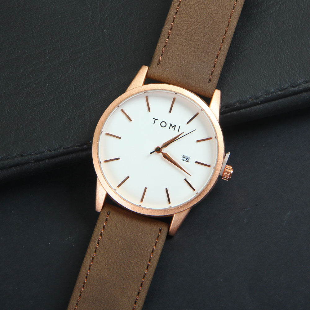 Mens Wrist Watch Rosegold Dial Brown Straps TMI