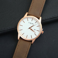 Mens Wrist Watch Rosegold Dial Brown Straps TMI