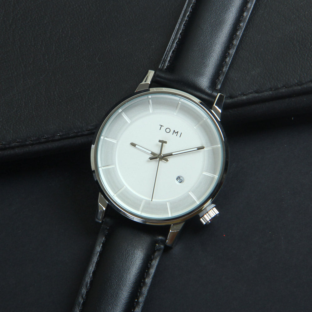 Mens Wrist Watch Silver Dial Black Straps TMI